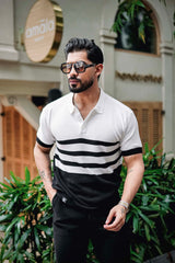 Cookie Black With White Knitted Cotton Polo T-Shirt