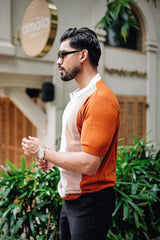 Rexon Orange With White Knitted Cotton Zipper Polo T-Shirt