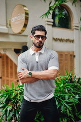 Vellin White With black Knitted Cotton Polo T-Shirt