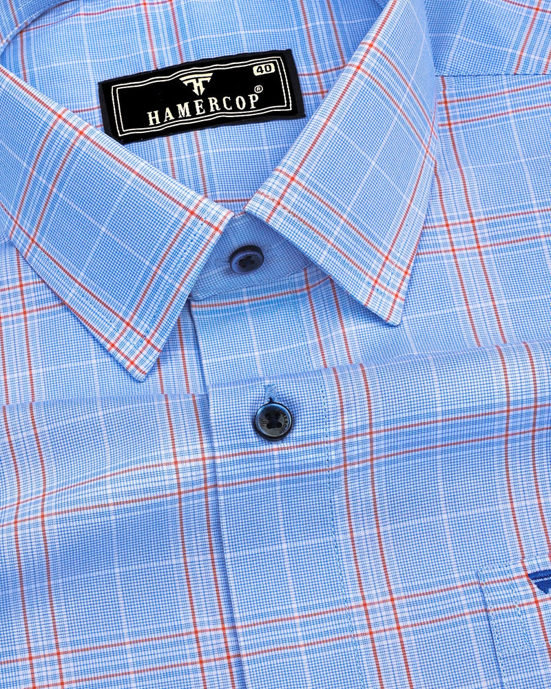 Bliss SkyBlue With Orange Micro Check Formal Cotton Shirt