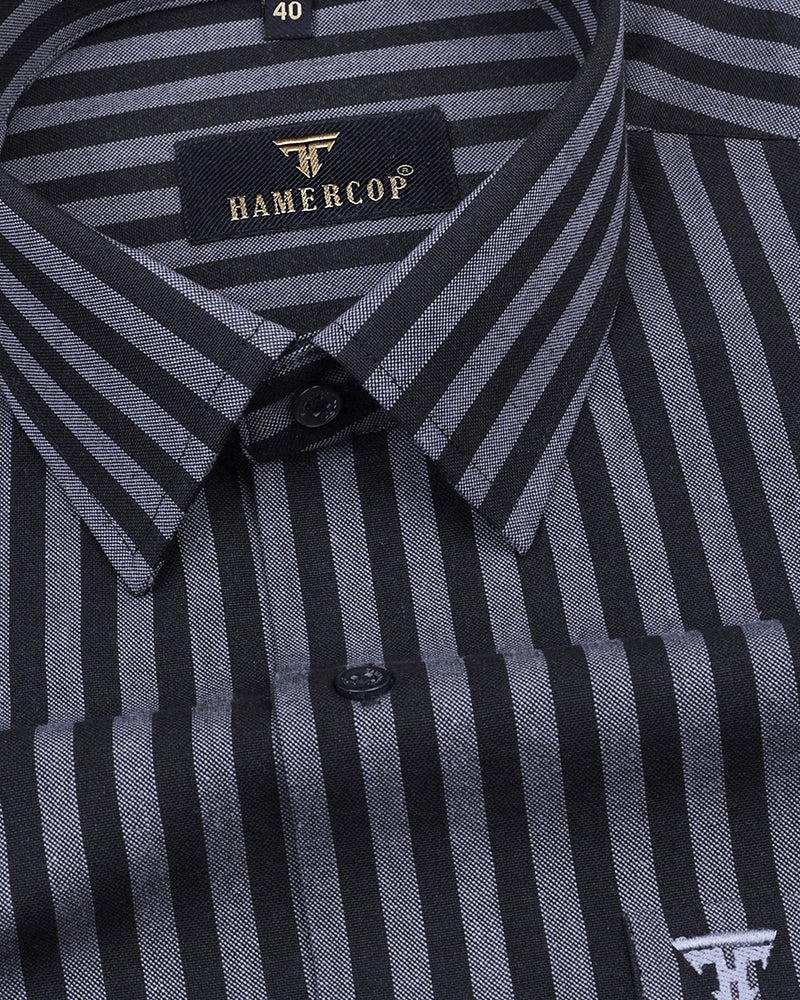 Basalt Black With Grey Stripe Oxford Cotton Shirt