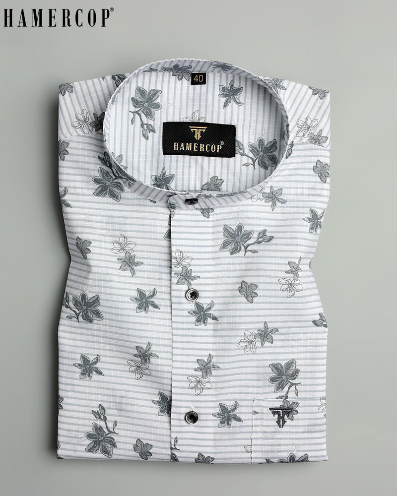 Drytown-Grey Beutiful Flower Printed Striped Cotton  Shirt