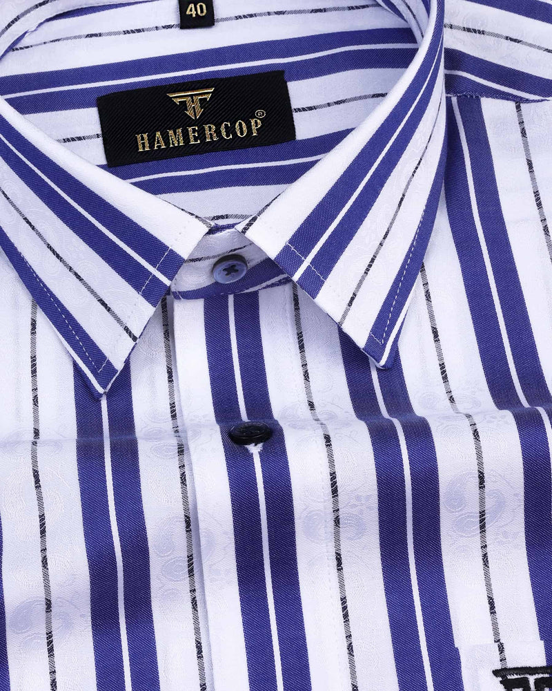 Veronica Blue Jacquard Paisley With White Stripe Cotton Shirt