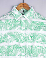 Green Heritage Paisley Printed White Linen Cotton Shirt
