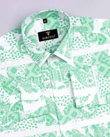 Green Heritage Paisley Printed White Linen Cotton Shirt
