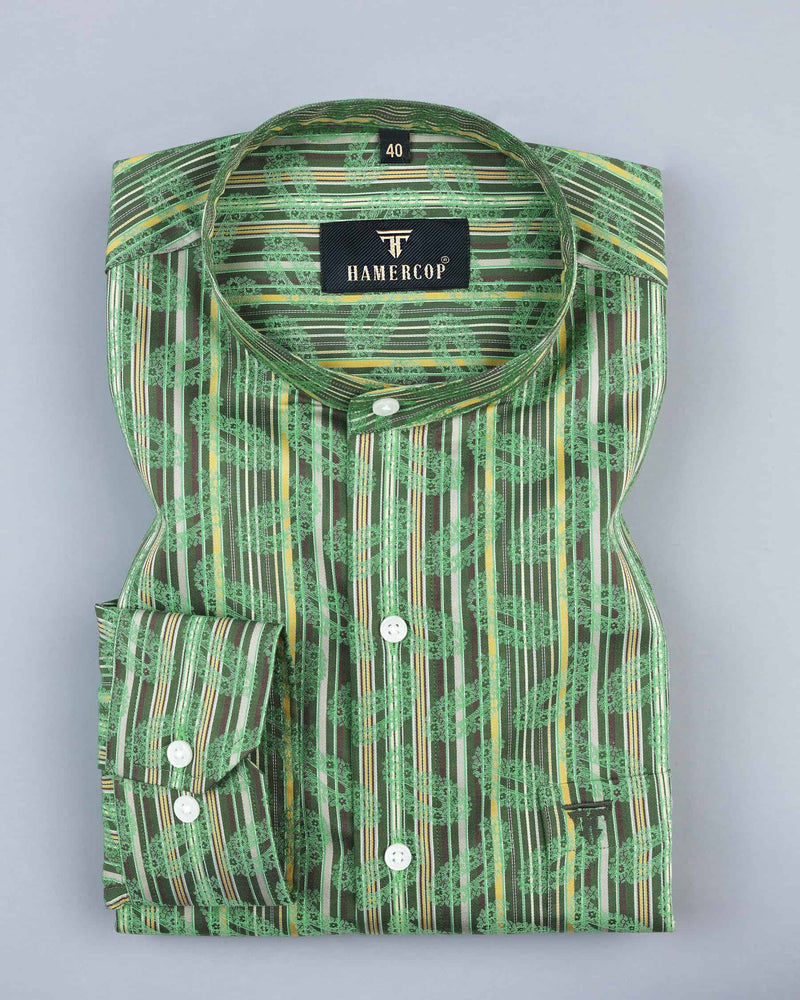 Parakeet Green With Jacquard Paisley Printed Stripe Cotton Shirt