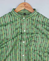 Parakeet Green With Jacquard Paisley Printed Stripe Cotton Shirt