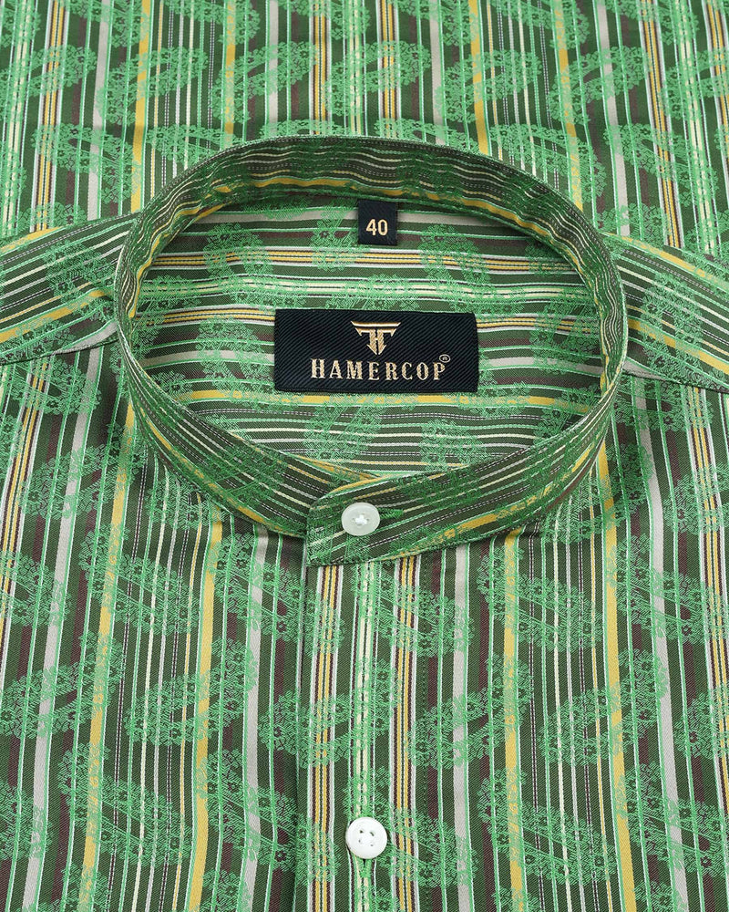 Parakeet Green With Jacquard Paisley Printed Stripe Cotton Shirt