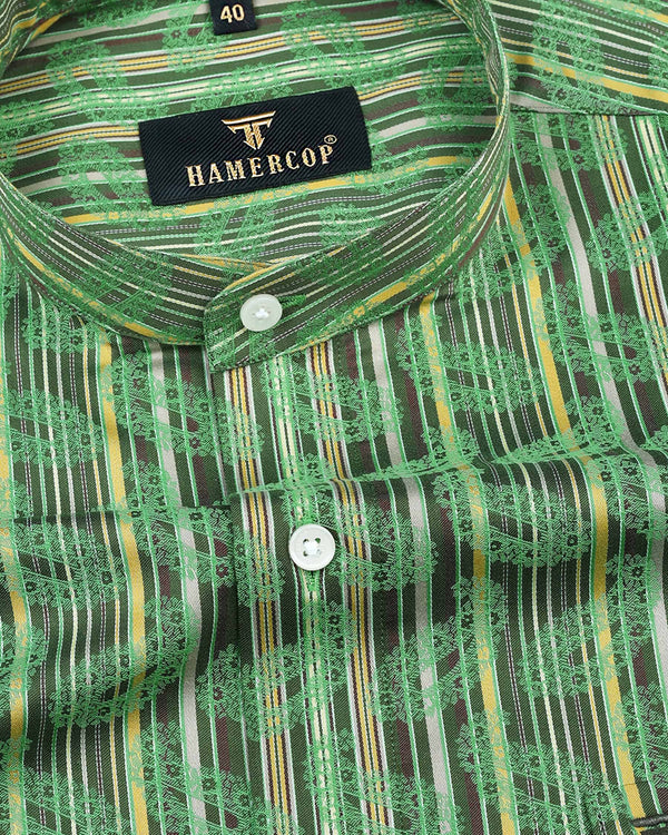 Parakeet Green With Jacquard Paisley Printed Stripe Cotton Shirt