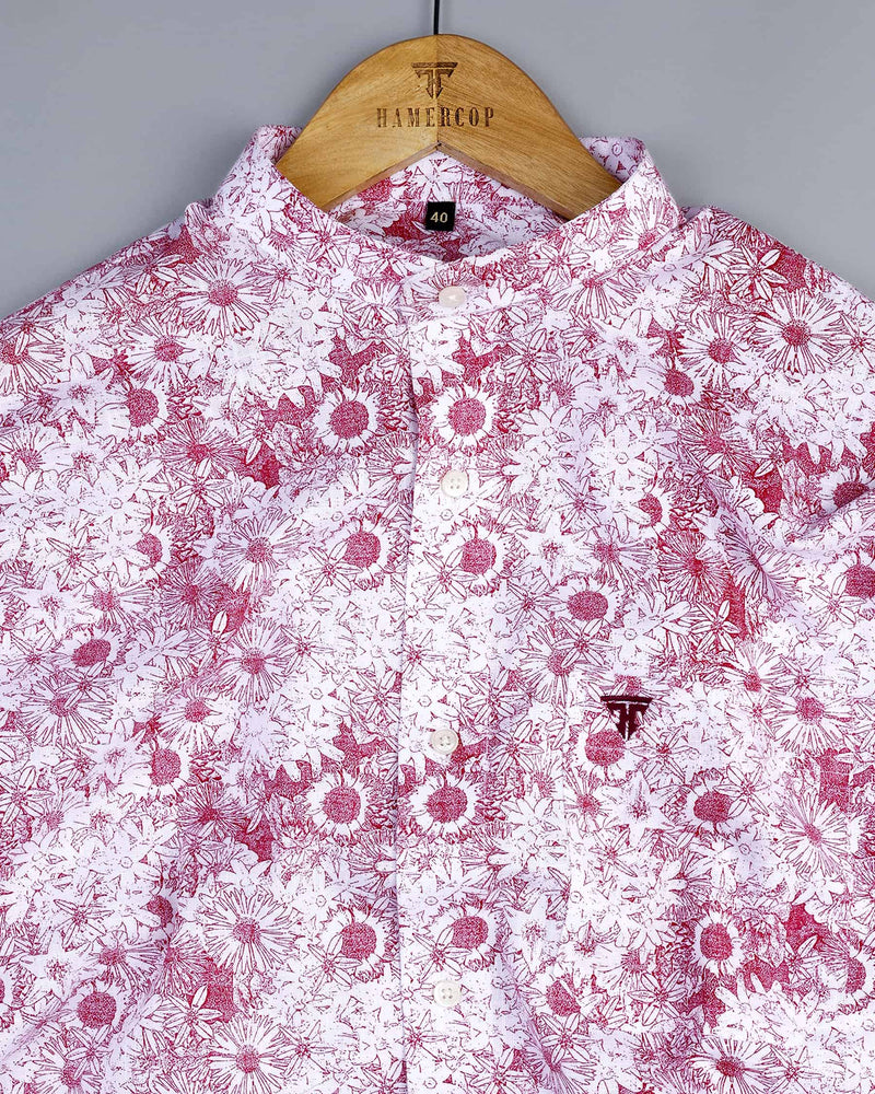 Ditzy Pink Flower Printed White Amsler Linen Cotton Shirt
