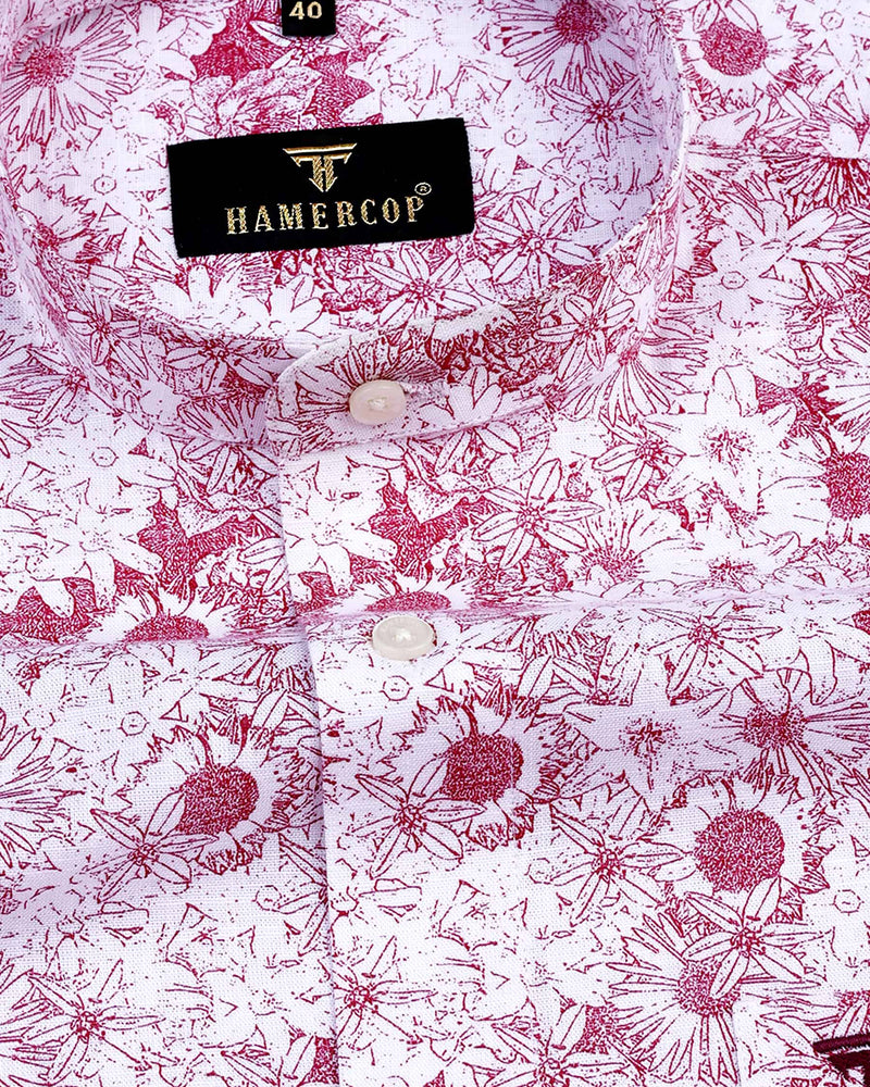 Ditzy Pink Flower Printed White Amsler Linen Cotton Shirt