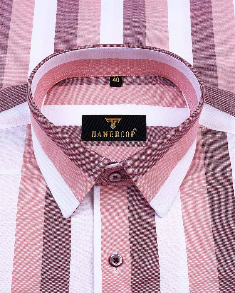 Stalin Peach And Maroon With White Striped Oxford Cotton Shirt