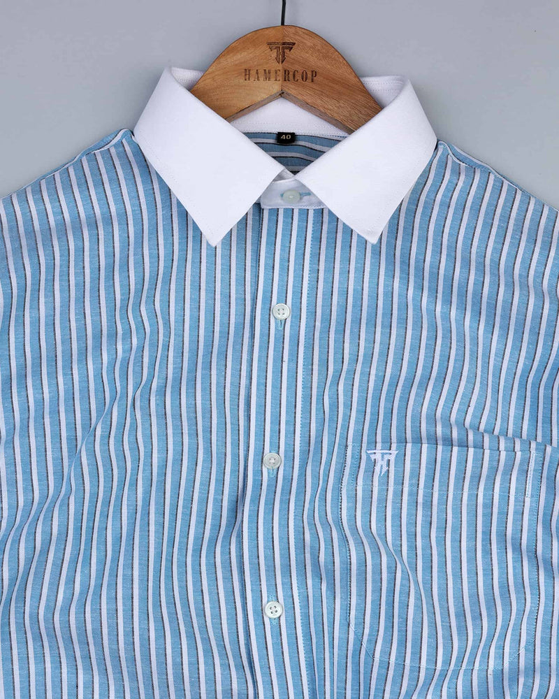 Portage Blue With White Striped Designer Cotton Shirt