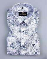 Ditzy Blue Flower Printed White Amsler Linen Cotton Shirt