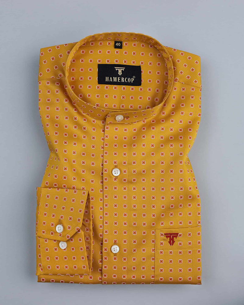 Mustard Yellow With Red Square Printed Premium Cotton Shirt