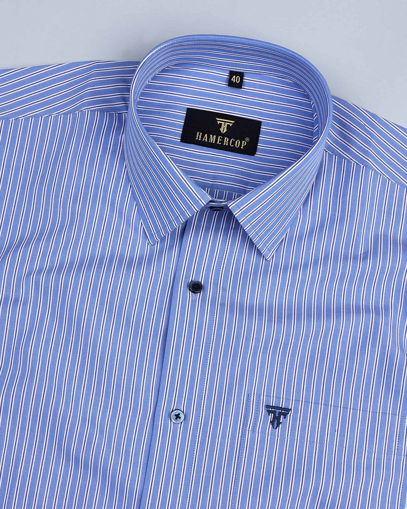 Eastern Blue With White Stripe Formal Cotton Shirt
