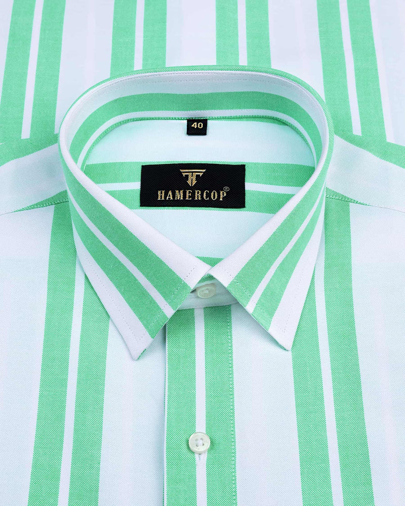 Romp Green With White Broad Stripe Oxford Cotton Shirt