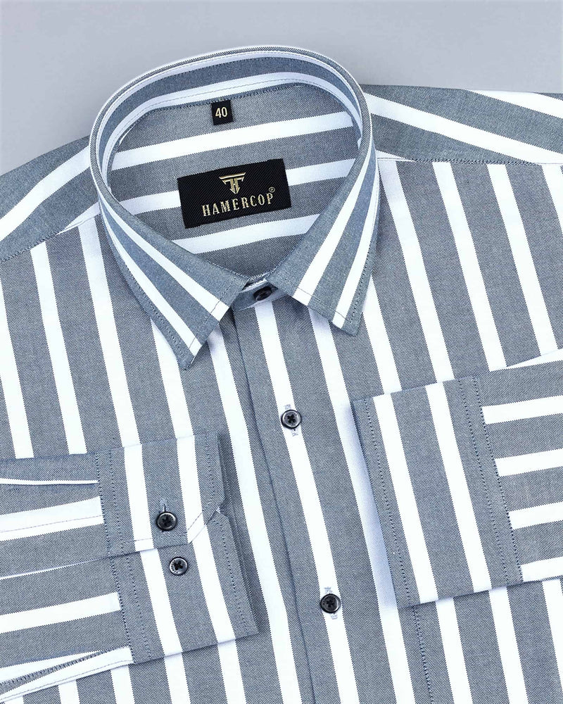 Viktoria Gray And White Broad Stripe Oxford Cotton Shirt