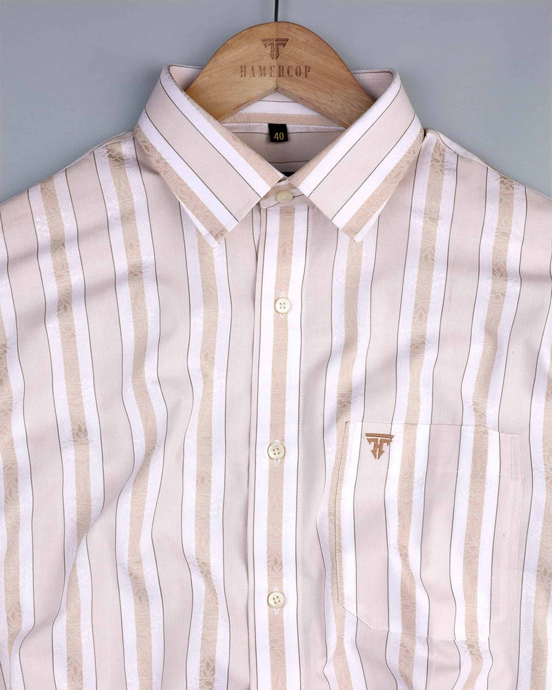 Ecru Cream With White Dobby Texture Printed Stripe Cotton Shirt