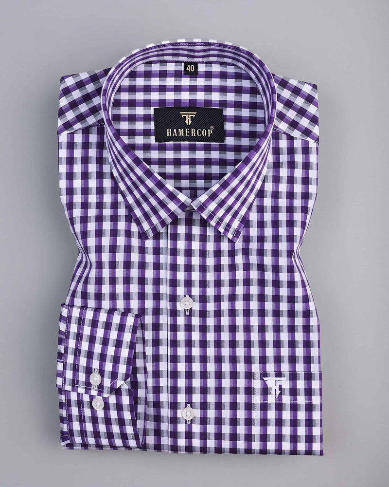 Purple With White And Grey Checked Jacquard Cotton Shirt