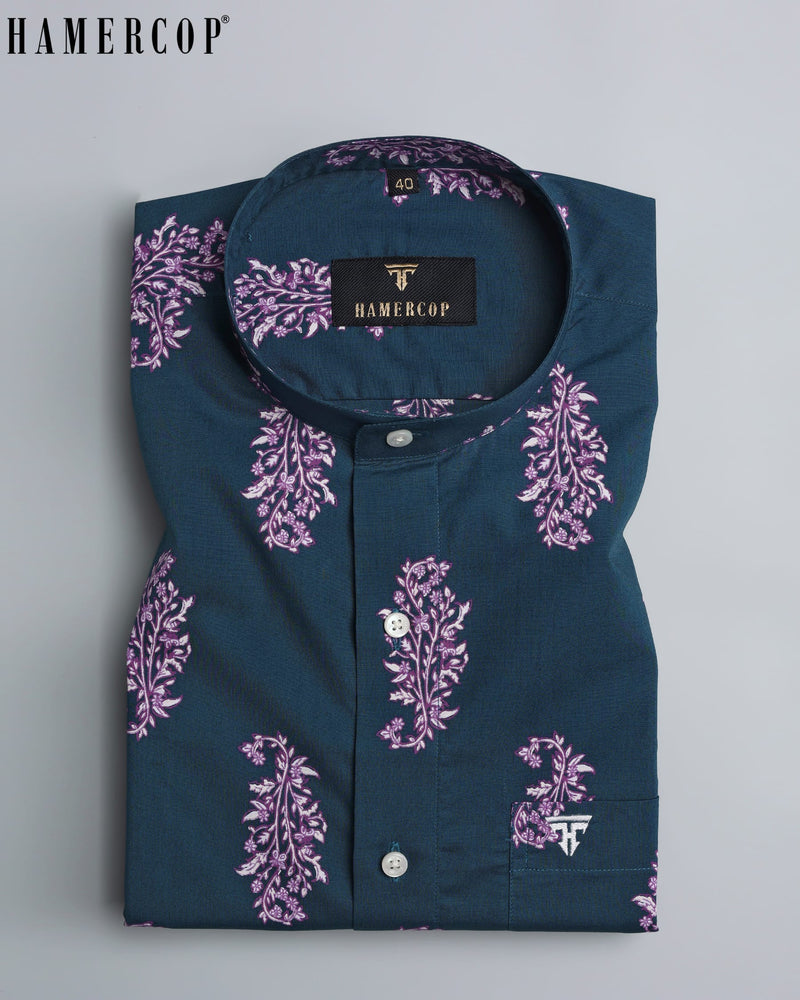 Masculine-Lavender Colored Tree Branch Printed Cotton Poplin Shirt