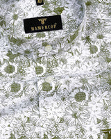 Ditzy Green Flower Printed White Amsler Linen Cotton Shirt