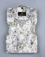 Ditzy Green Flower Printed White Amsler Linen Cotton Shirt