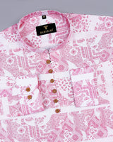 Pink Paisley Printed With White Linen Shirt Style Kurta