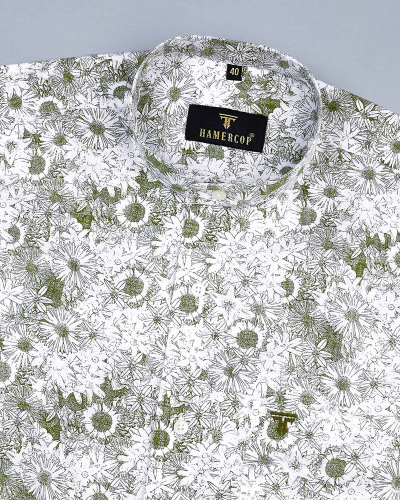 Ditzy Green Flower Printed White Amsler Linen Cotton Shirt