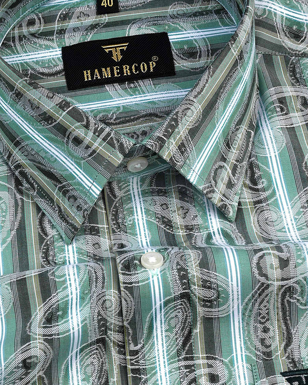 Green Jacquard Paisley Printed With Striped Gizza Cotton Shirt