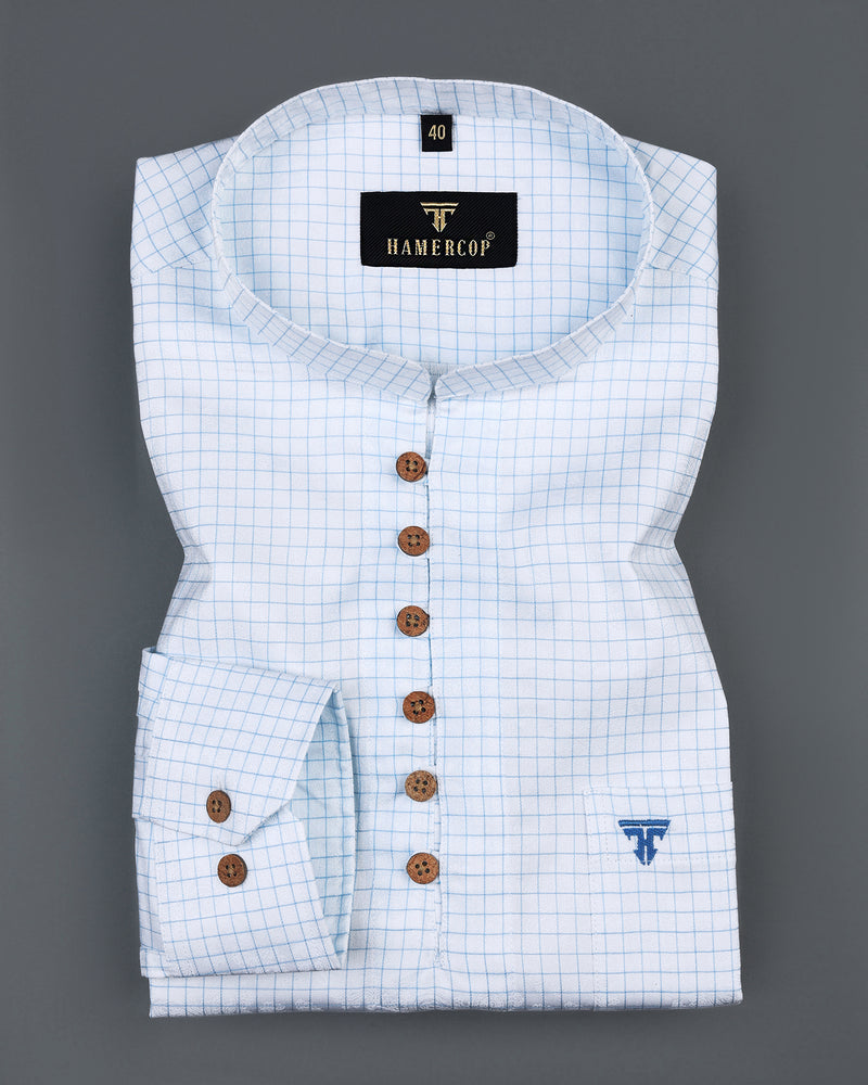 White Jacquard Paisley With SkyBlue Check Cotton Shirt Style Kurta