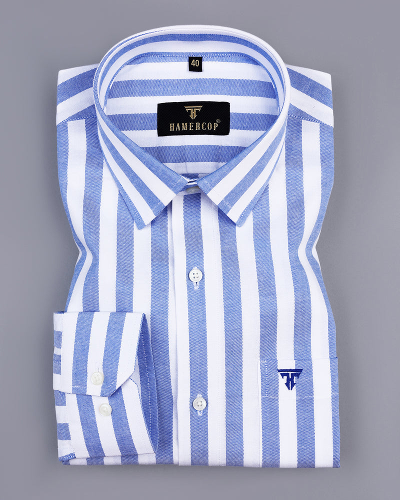 Dolphin Blue With White Broad Stripe Oxford Cotton Shirt