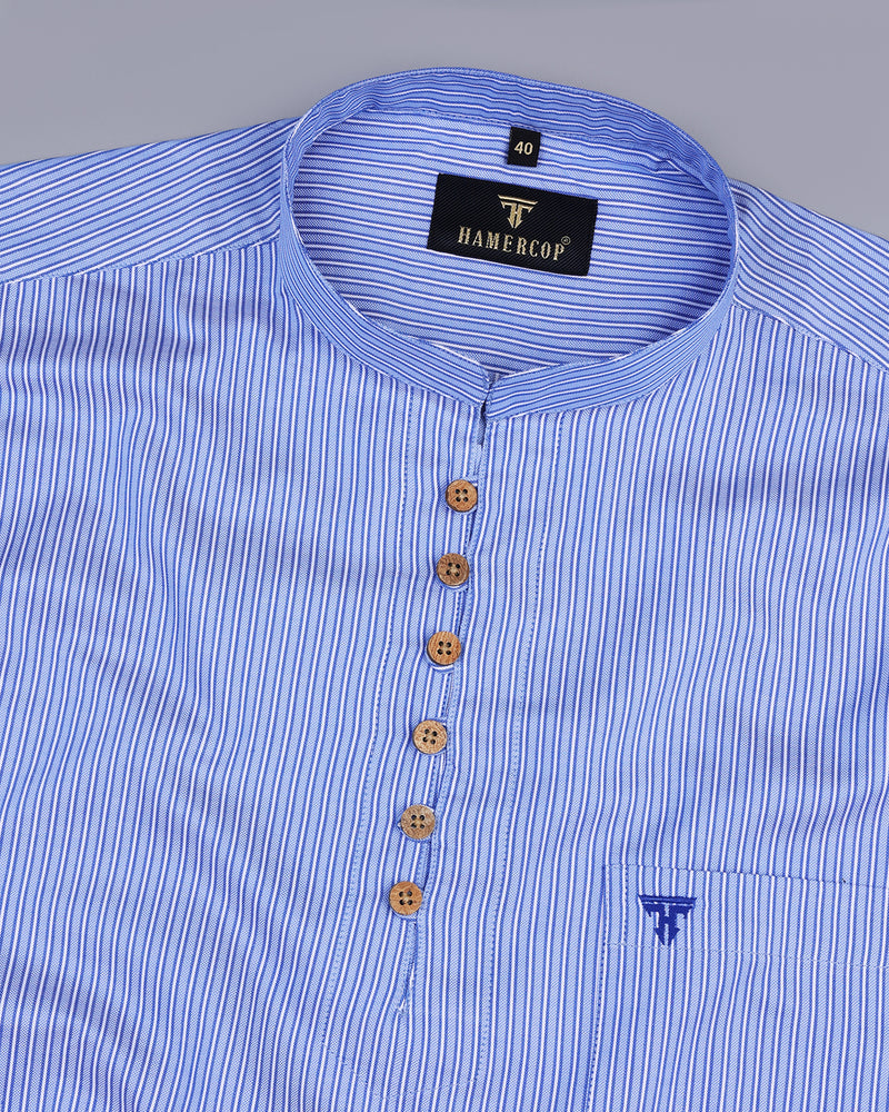 Toledo Blue And White Vertical Stripe Cotton Shirt Style Kurta
