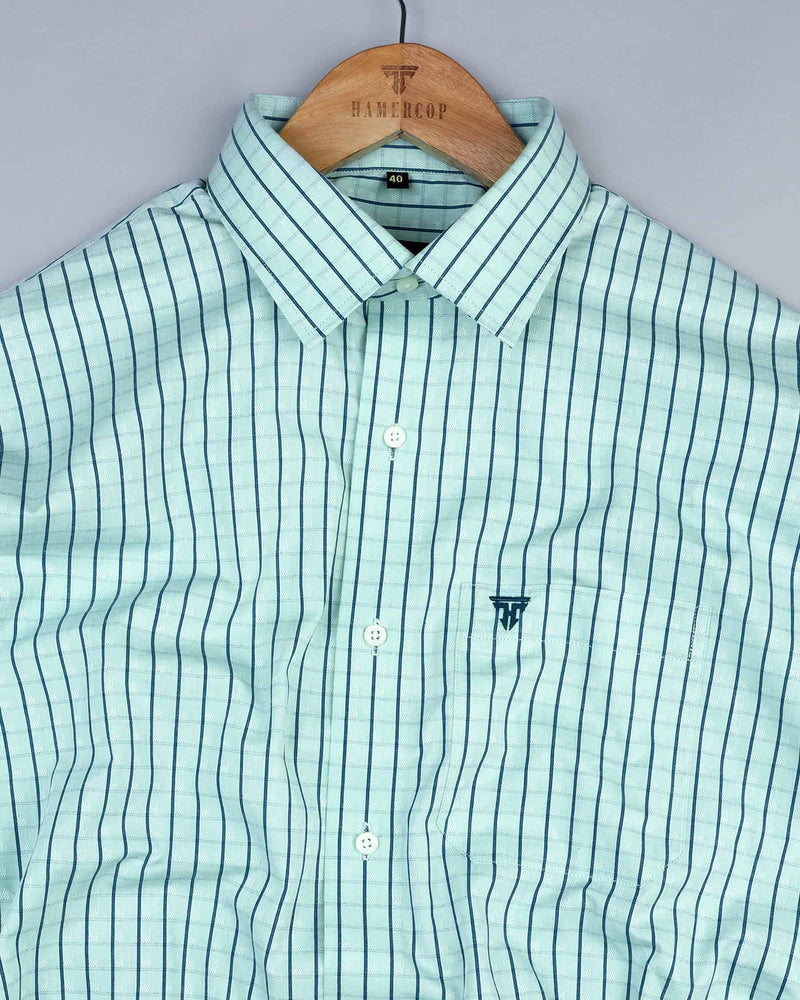 Ternary Aqua Blue Small Jacquard Check Cotton Shirt