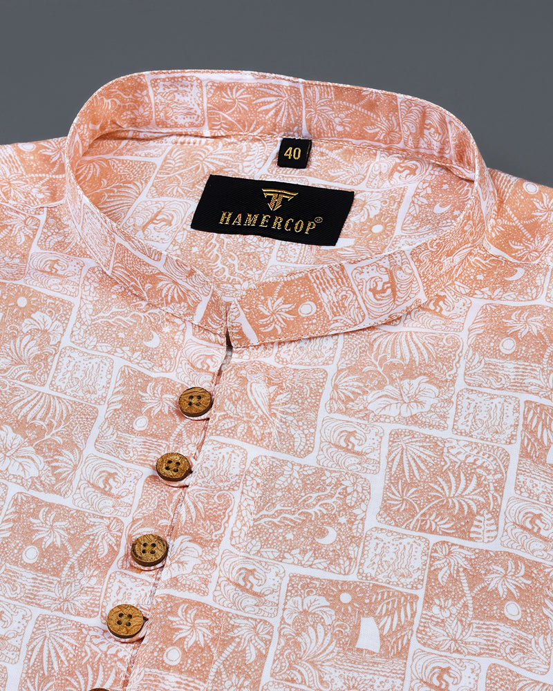 Light Orange Flower Art Printed Premium Cotton Shirt Style Kurta