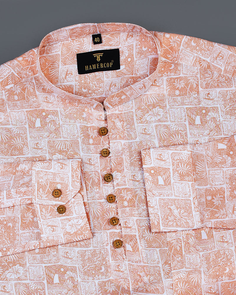 Light Orange Flower Art Printed Premium Cotton Shirt Style Kurta