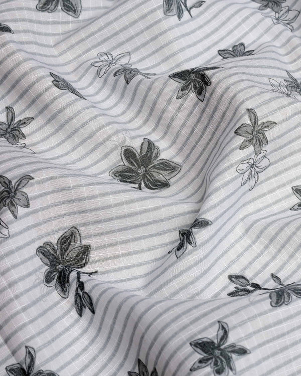 Drytown-Grey Beutiful Flower Printed Striped Cotton  Shirt