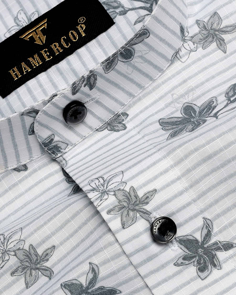 Drytown-Grey Beutiful Flower Printed Striped Cotton  Shirt