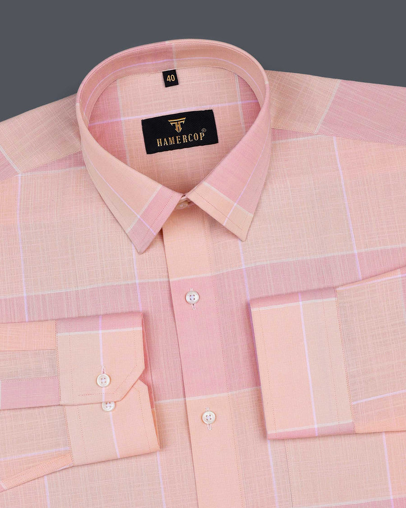 Spanish Pink And Light Orange Linen Cotton Check Shirt