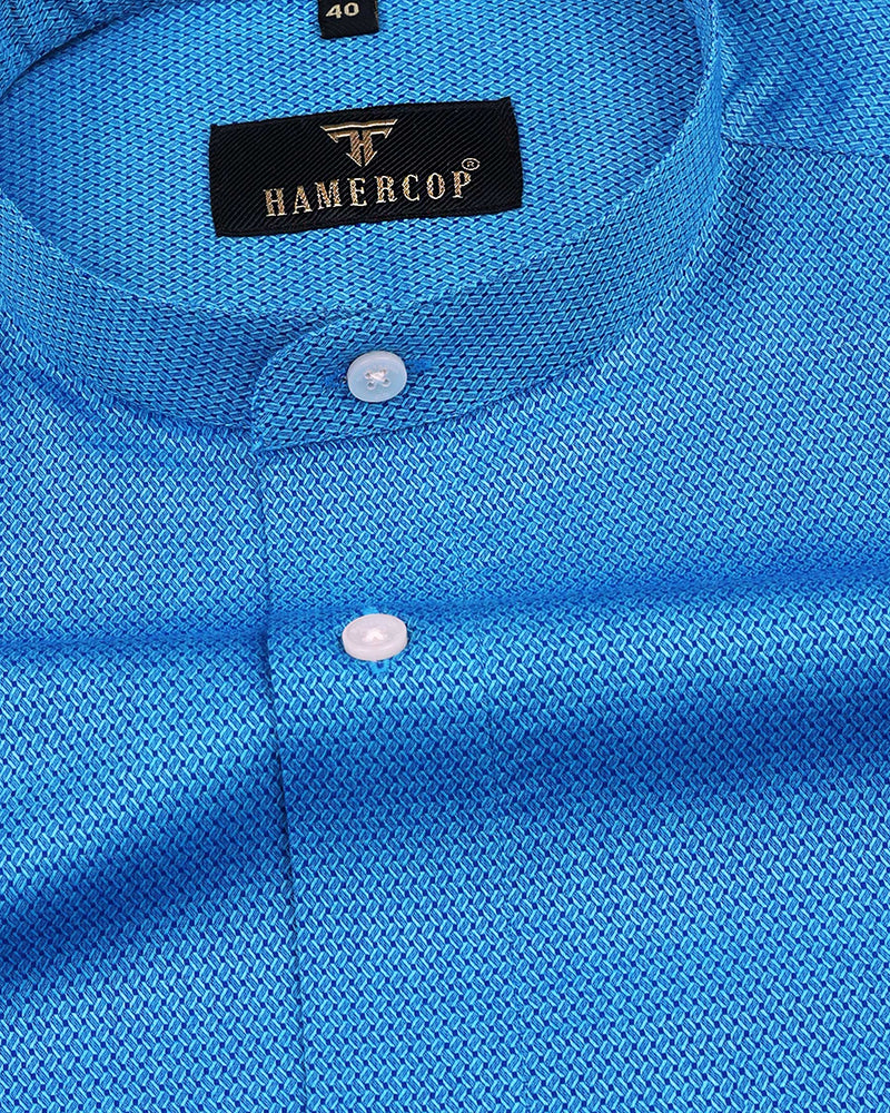 Chlorine Blue Herringbone Pattern Jacquard Cotton Shirt
