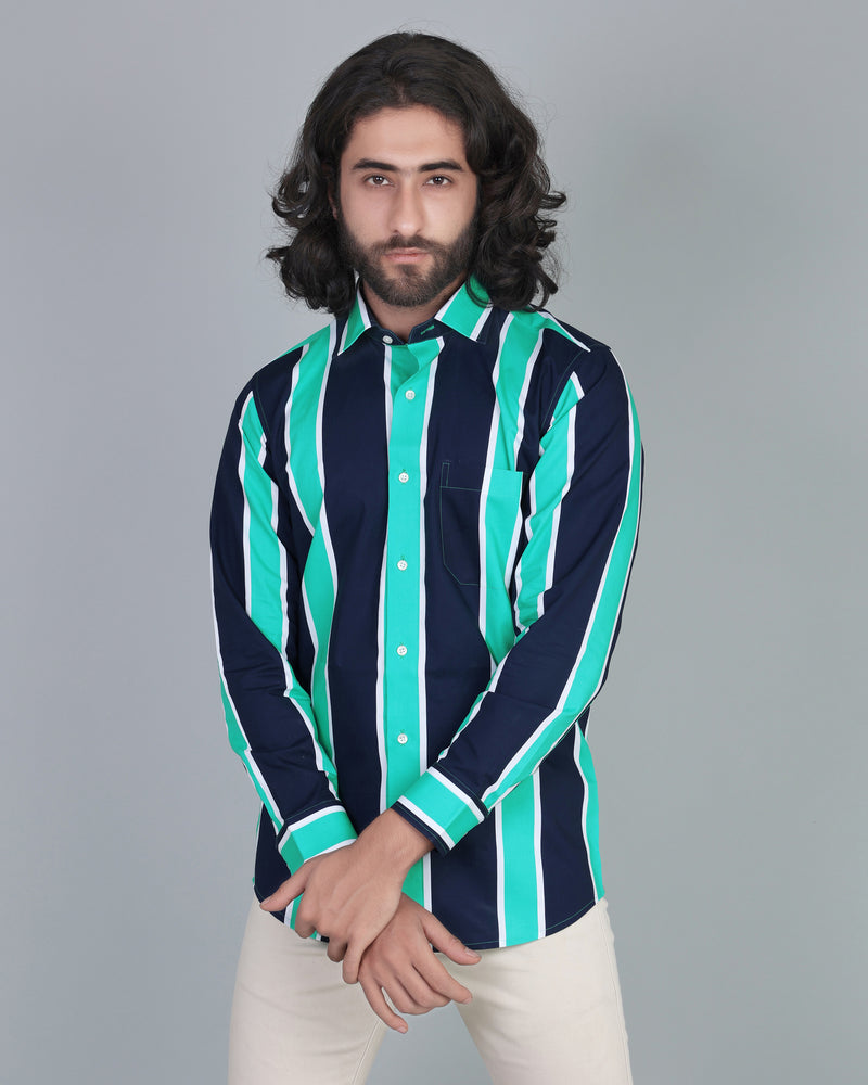 TomboC-CobaltBlue And Navy Broad Stripe Designer Cotton Shirt