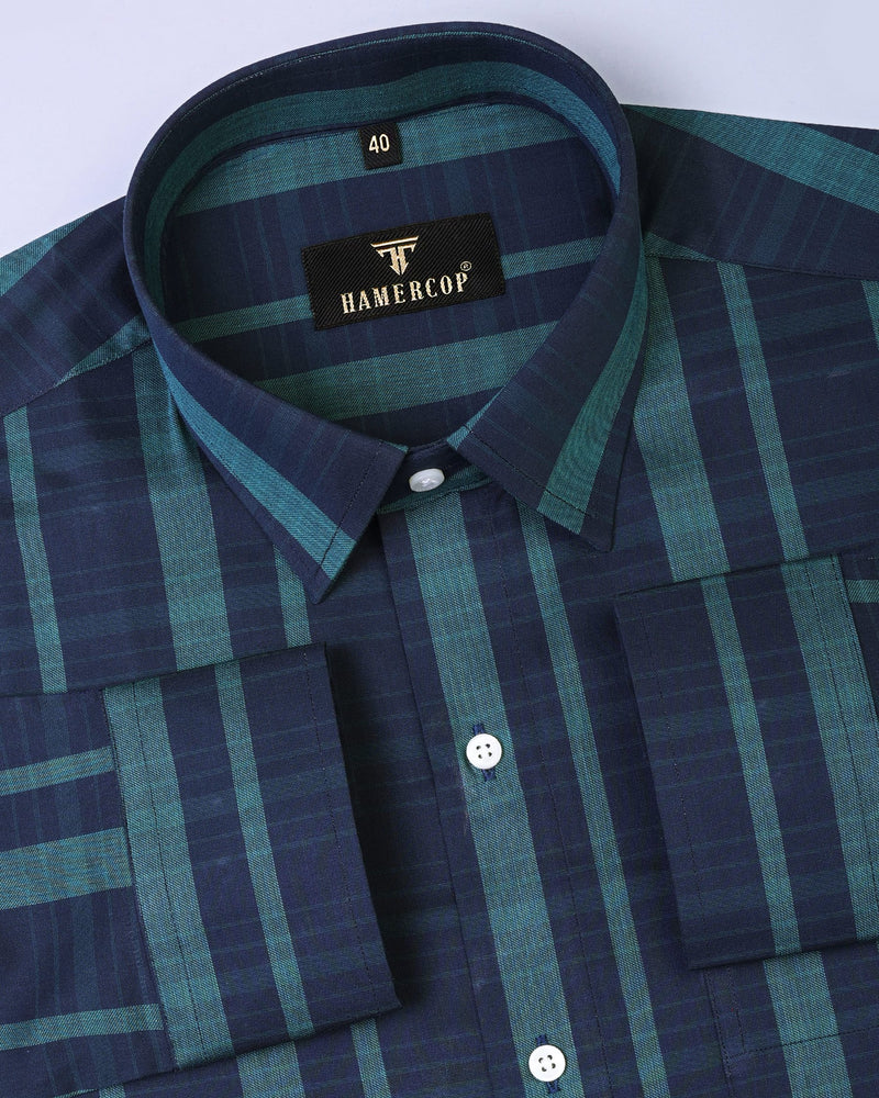 Poison Blue With Green Yarn Dyed Business Stripe Cotton Shirt