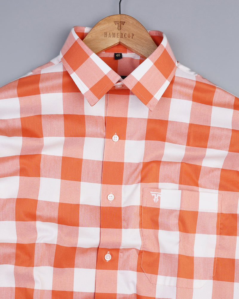 Casata Orange And White Sudoku Check Cotton Shirt