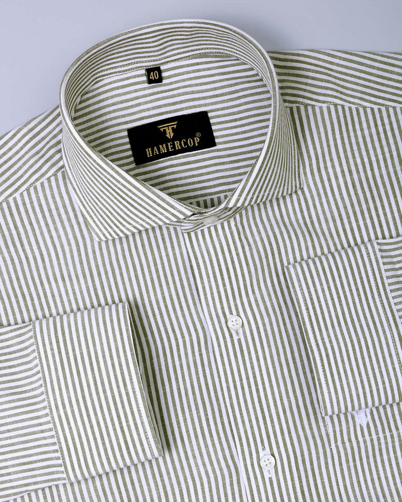 Artichoke Green With White Slub Oxford Stripe Cotton Shirt