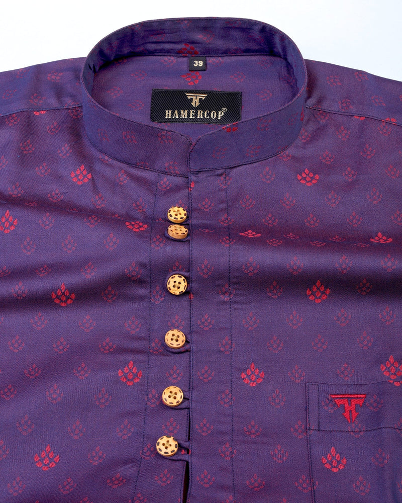 Carmine Red Shaded Patterned Jacquard Shirt Style Kurta