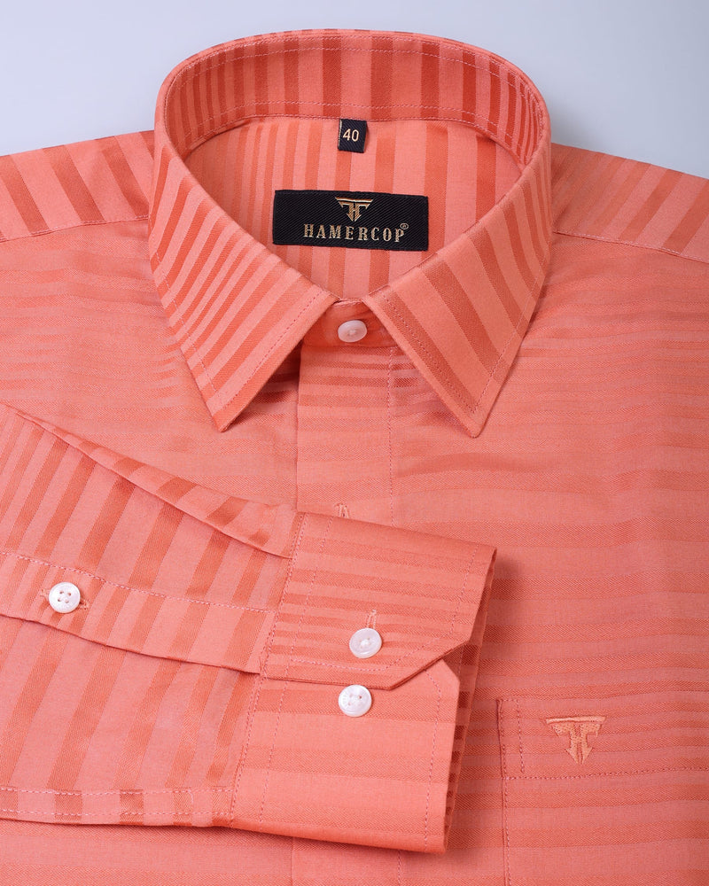 Cadmium Orange Self Dobby Weft Striped Premium Cotton Shirt