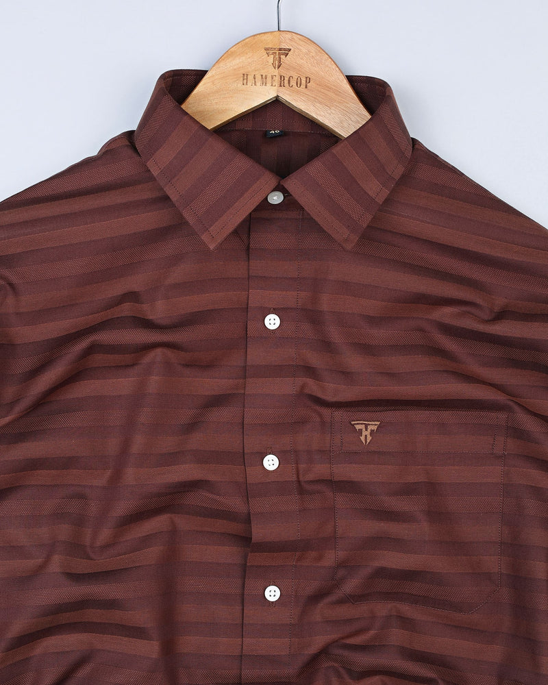 Walnut Brown Self Weft Striped Dobby Cotton Shirt