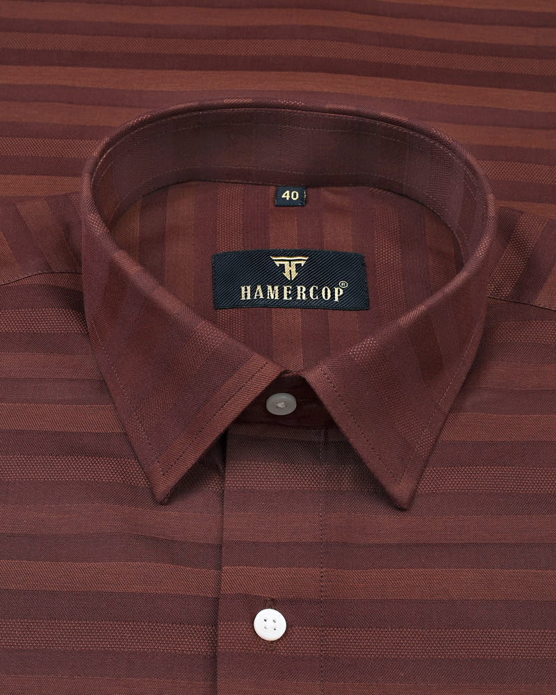 Walnut Brown Self Weft Striped Dobby Cotton Shirt