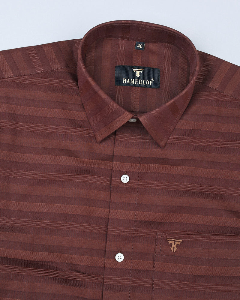 Walnut Brown Self Weft Striped Dobby Cotton Shirt