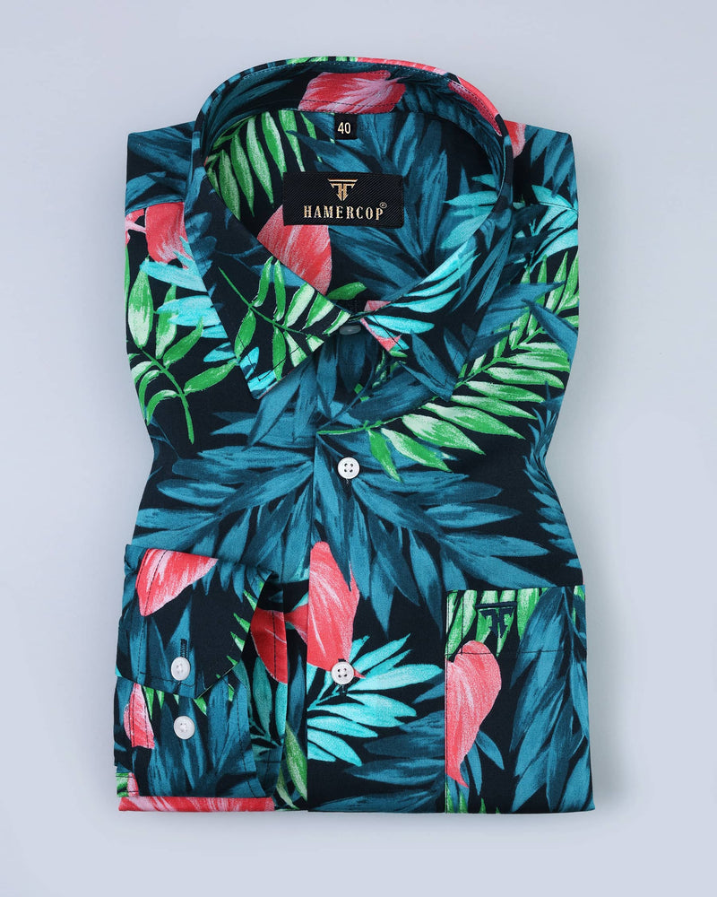 Palm Leaf With Pink  Flower Printed Cotton Shirt